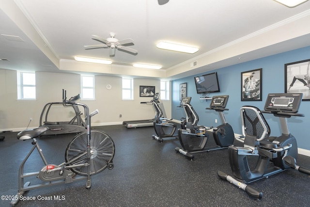 workout area featuring ornamental molding and a raised ceiling