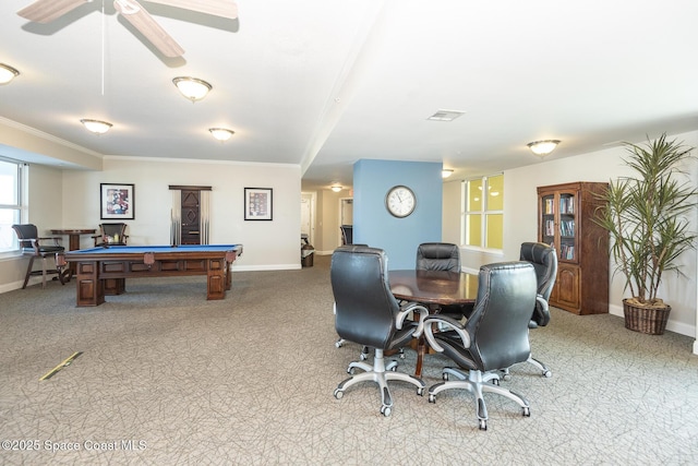 interior space with crown molding and billiards