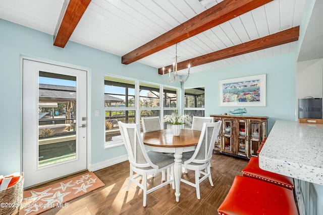 dining area featuring dark hardwood / wood-style flooring, wood ceiling, beamed ceiling, and an inviting chandelier