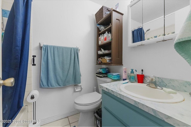 full bathroom featuring tile patterned floors, vanity, shower / tub combo, and toilet