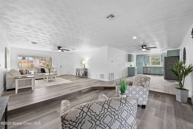 living room with hardwood / wood-style flooring, a wealth of natural light, and ceiling fan