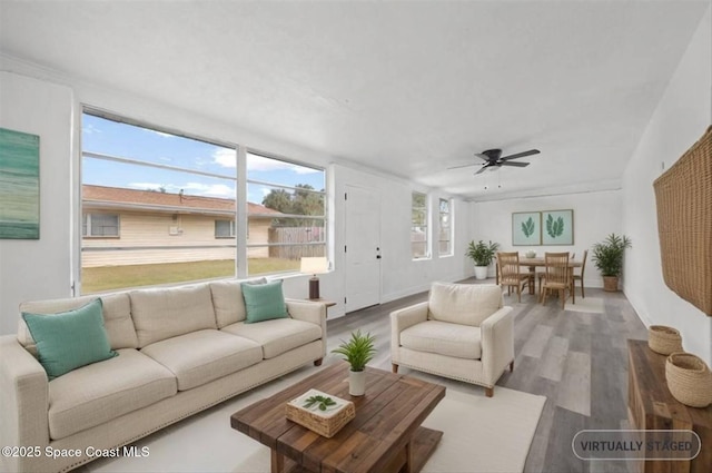 living room featuring hardwood / wood-style flooring and ceiling fan