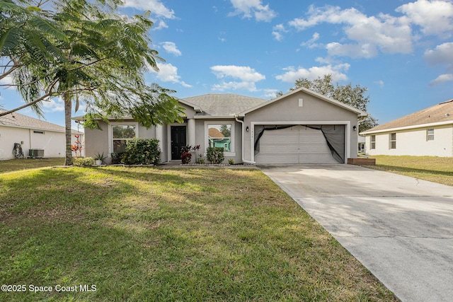 ranch-style home featuring a garage, a front lawn, and central AC