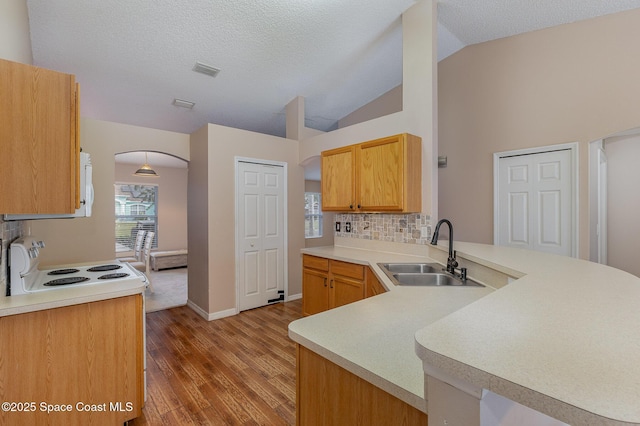 kitchen with tasteful backsplash, vaulted ceiling, kitchen peninsula, sink, and white range with electric cooktop