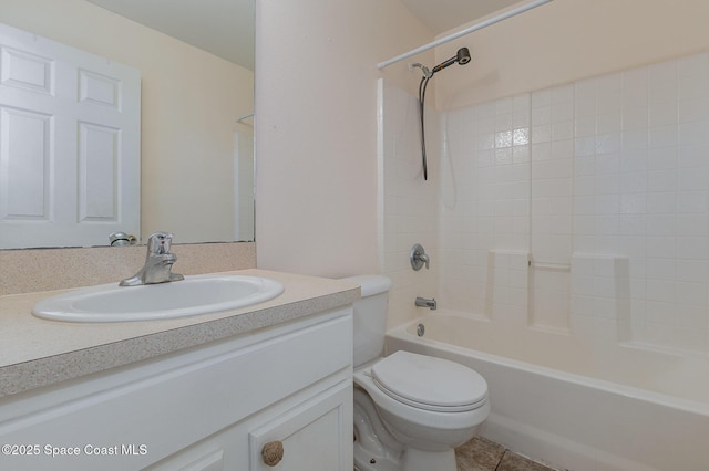 full bathroom with toilet, tile patterned flooring, shower / bath combination, and vanity