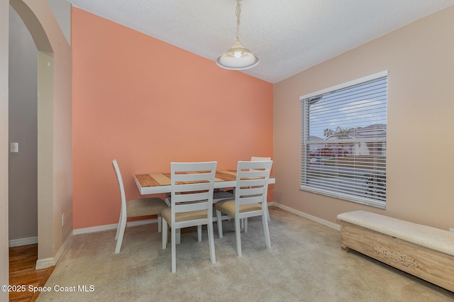 carpeted dining room with a textured ceiling