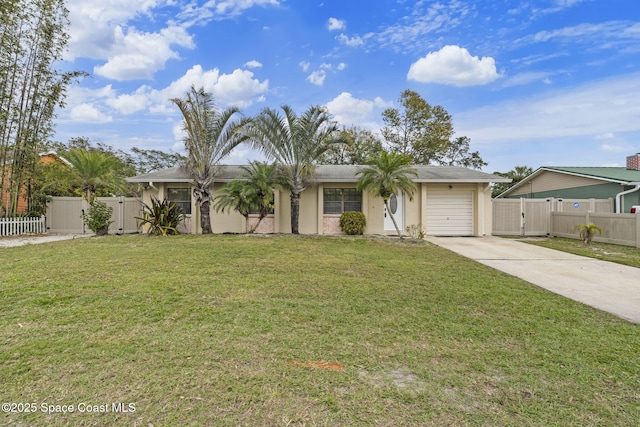 ranch-style house featuring a garage and a front lawn