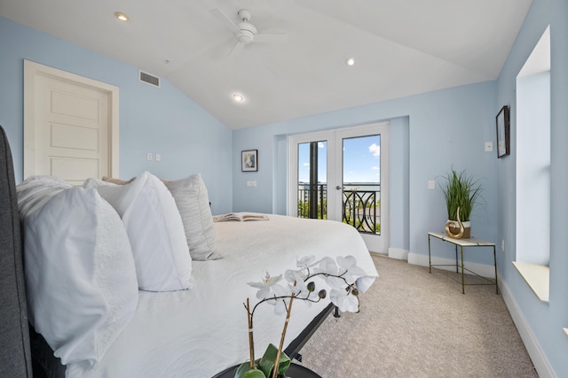 carpeted bedroom with ceiling fan, access to exterior, and lofted ceiling