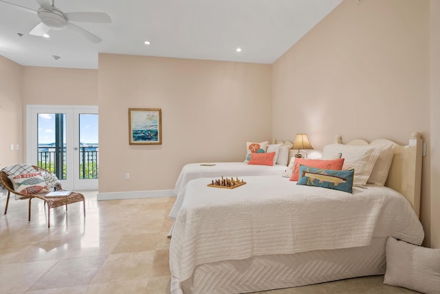 bedroom featuring ceiling fan, french doors, and access to outside