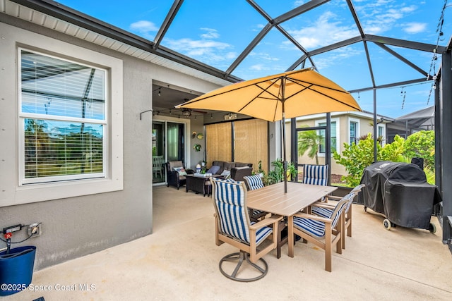 view of patio with ceiling fan, a grill, a lanai, and an outdoor hangout area