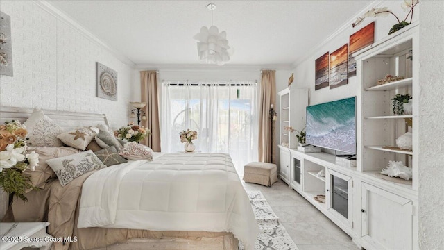 tiled bedroom featuring crown molding