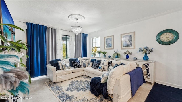 living room featuring light tile patterned floors, a notable chandelier, ornamental molding, and a textured ceiling