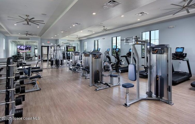 gym featuring ceiling fan and hardwood / wood-style floors