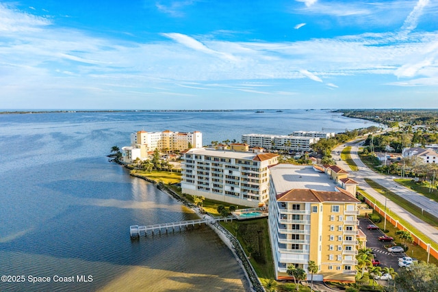 drone / aerial view with a water view