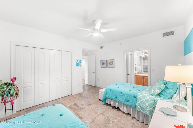 bedroom with ceiling fan, ensuite bathroom, and a closet