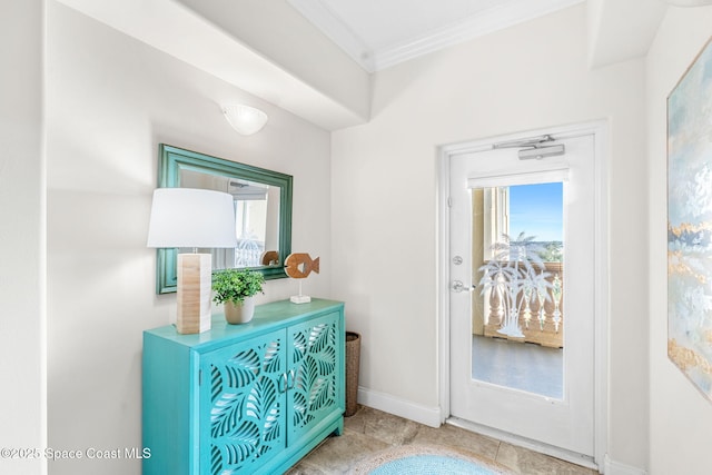 doorway to outside featuring crown molding