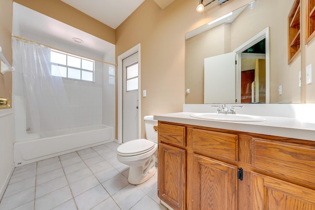 full bathroom with toilet, shower / bath combination with curtain, tile patterned floors, and vanity