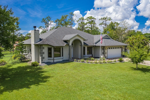 ranch-style house featuring a garage and a front yard