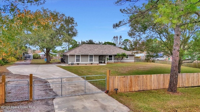 single story home with a front lawn