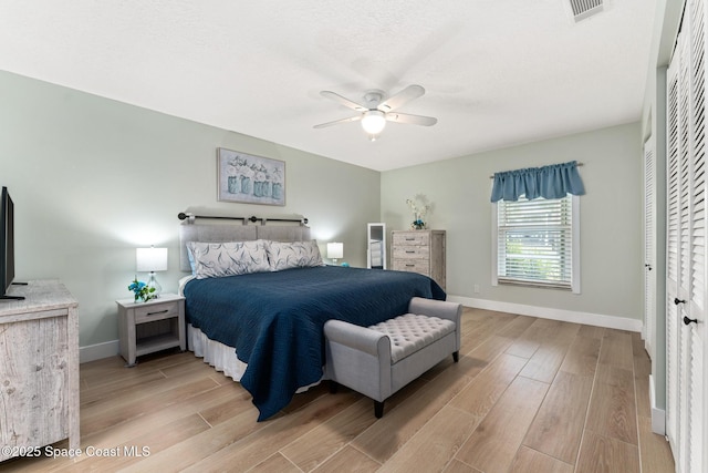 bedroom featuring ceiling fan and a closet