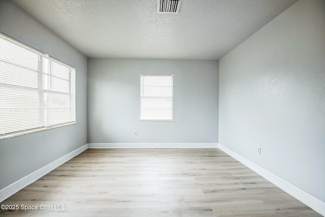 empty room with light hardwood / wood-style floors, plenty of natural light, and a textured ceiling