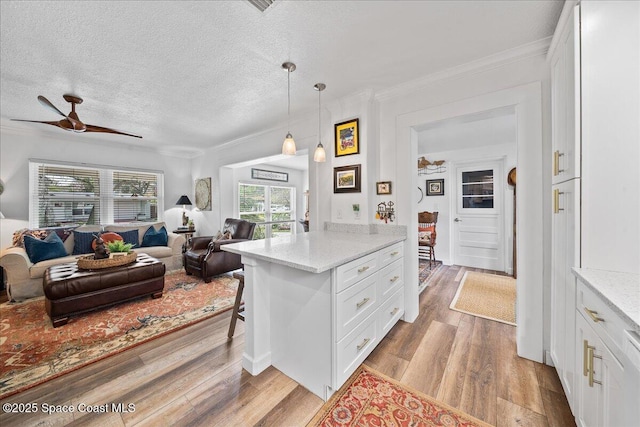 kitchen with light stone counters, decorative light fixtures, and white cabinets