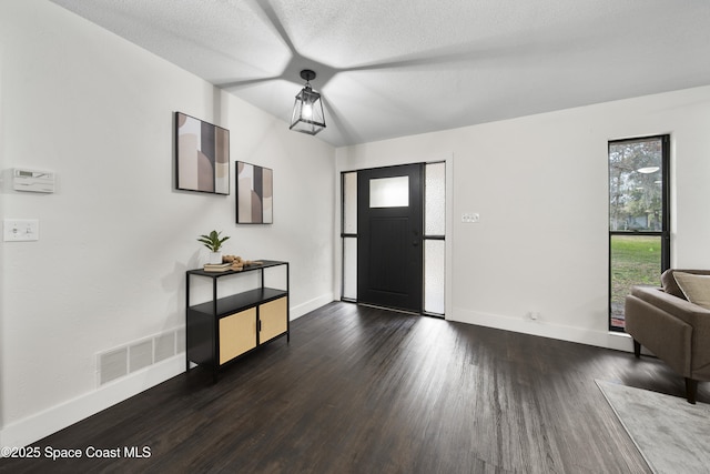 entryway with dark hardwood / wood-style flooring and a textured ceiling