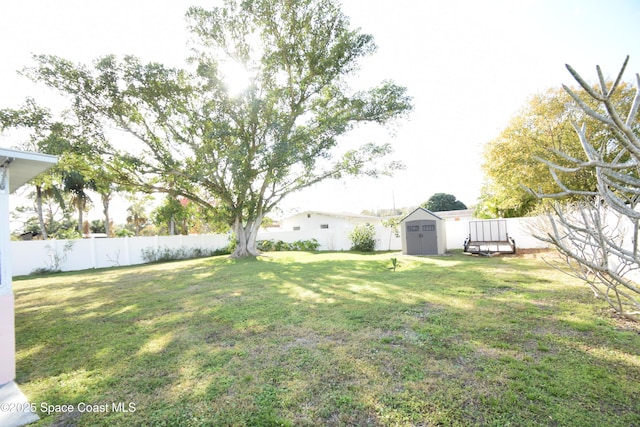 view of yard featuring a storage shed