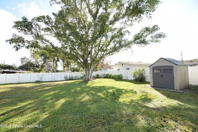 view of yard featuring a storage unit