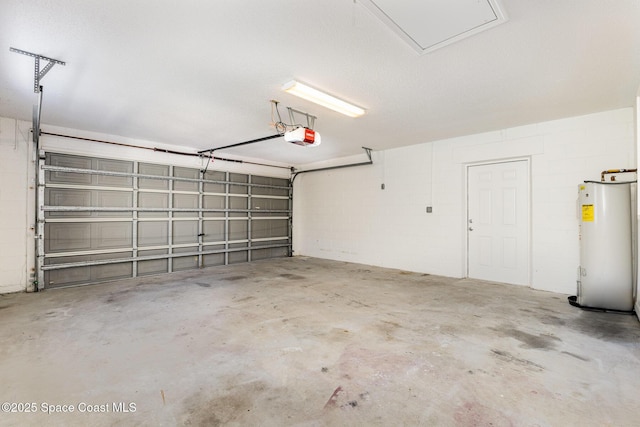 garage with water heater and a garage door opener