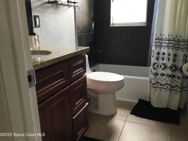 full bathroom with vanity, toilet, shower / bath combo with shower curtain, and tile patterned flooring