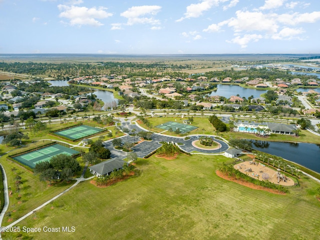 drone / aerial view featuring a water view