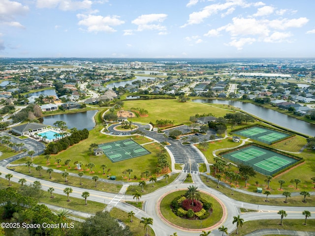 drone / aerial view with a water view