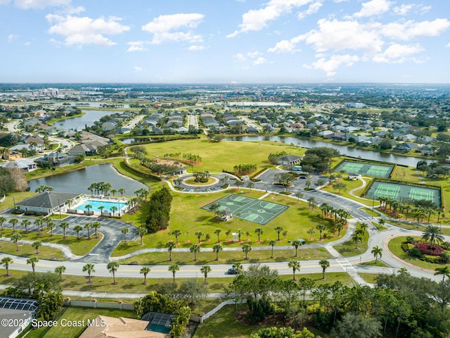 bird's eye view with a water view