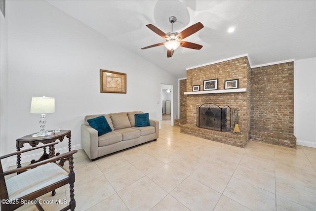 living room featuring lofted ceiling, light tile patterned floors, a fireplace, and ceiling fan