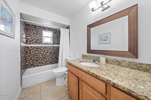 full bathroom featuring vanity, shower / bath combination with curtain, a textured ceiling, tile patterned floors, and toilet