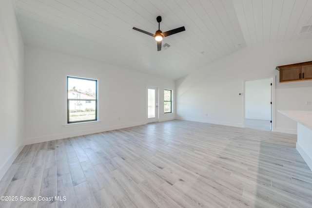 unfurnished living room featuring light wood-type flooring, ceiling fan, lofted ceiling, and wooden ceiling