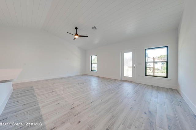 unfurnished living room featuring a wealth of natural light, lofted ceiling, light hardwood / wood-style floors, ceiling fan, and wooden ceiling