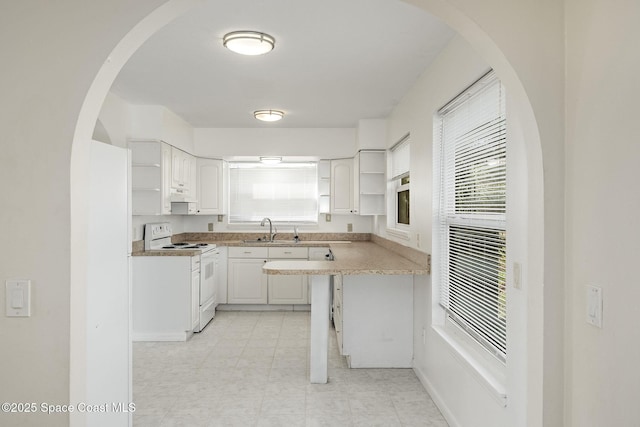 kitchen featuring sink, white electric range, plenty of natural light, and white cabinets