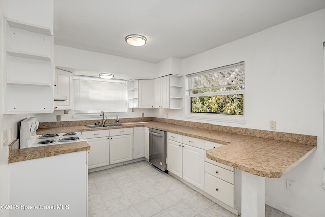 kitchen with dishwasher, sink, electric range oven, and white cabinets