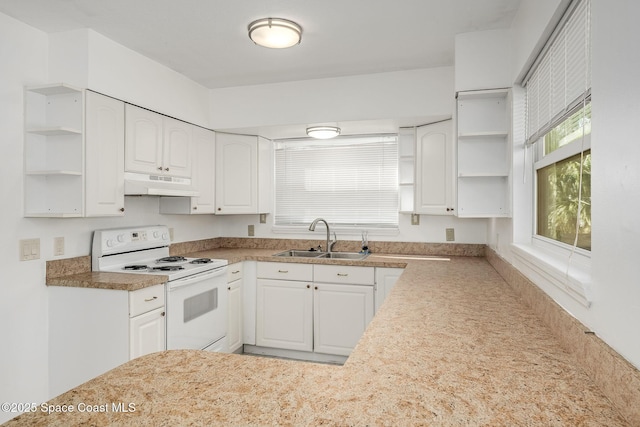 kitchen with sink, electric range, and white cabinets