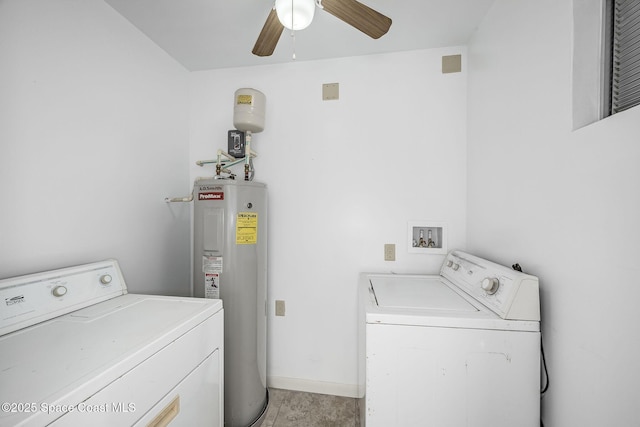 clothes washing area with water heater, ceiling fan, and independent washer and dryer