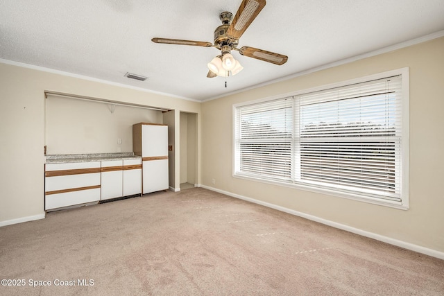 unfurnished bedroom featuring multiple windows, light colored carpet, ceiling fan, and a closet