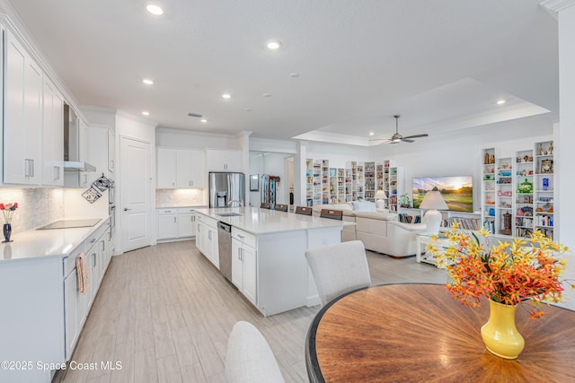 kitchen featuring white cabinetry and a raised ceiling