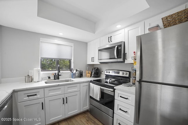 kitchen with white cabinetry, stainless steel appliances, a tray ceiling, light stone countertops, and sink