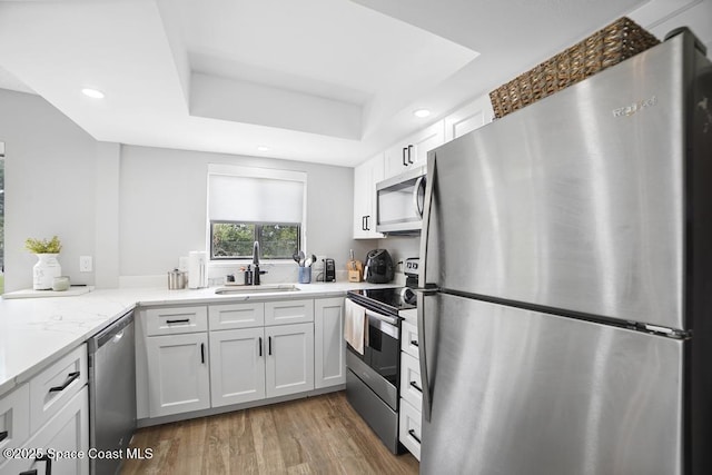 kitchen with white cabinets, appliances with stainless steel finishes, sink, and a tray ceiling