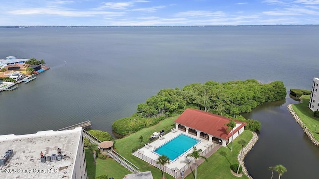 drone / aerial view featuring a water view