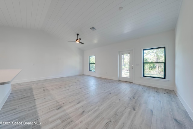 empty room with light wood-type flooring, ceiling fan, wood ceiling, and lofted ceiling