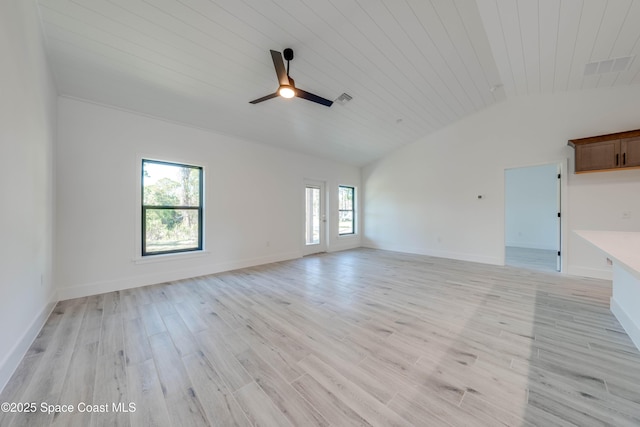 unfurnished living room with ceiling fan, vaulted ceiling, wooden ceiling, and light hardwood / wood-style flooring