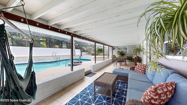 view of patio / terrace featuring a lanai and an outdoor hangout area